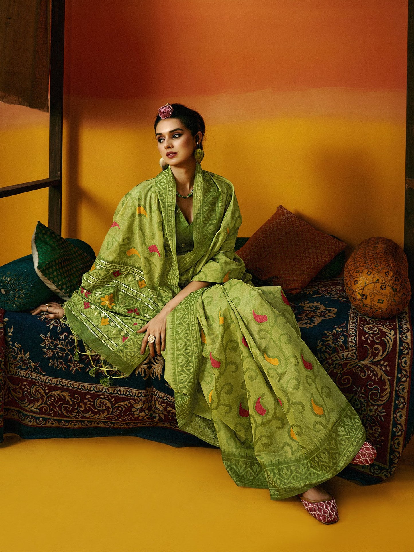 Green Ikat Cotton Blend Woven Saree