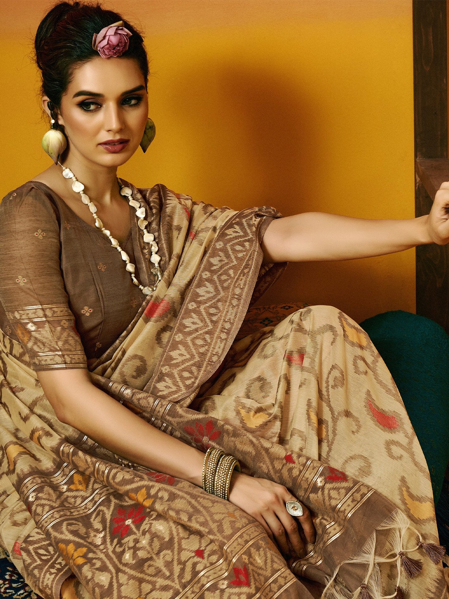 Beige Ikat Cotton Blend Woven Saree