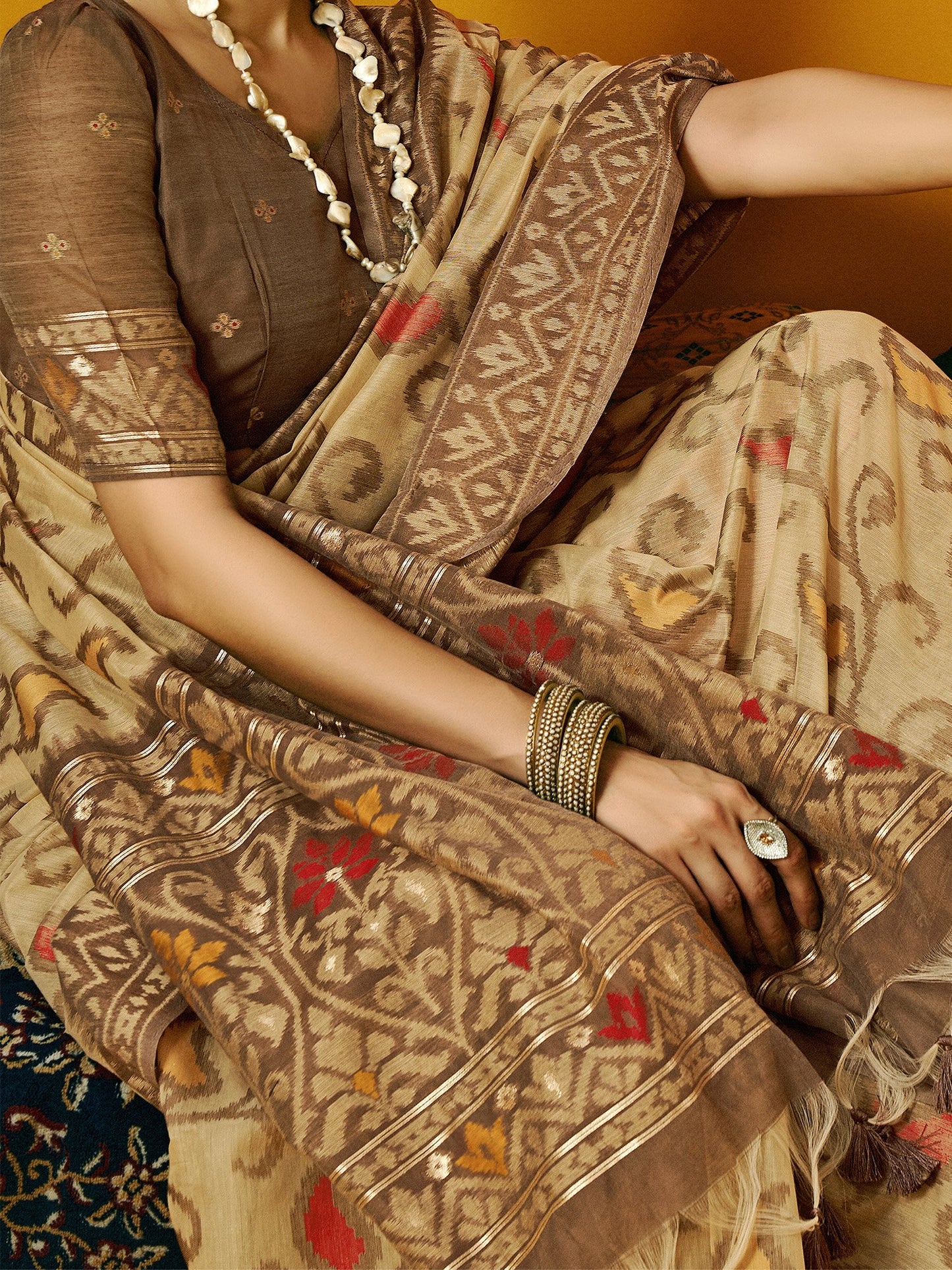 Beige Ikat Cotton Blend Woven Saree