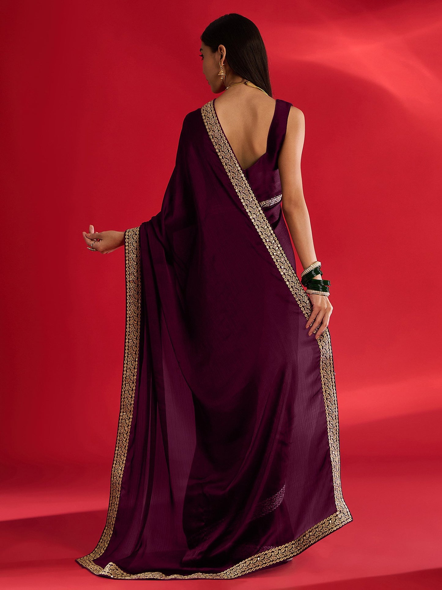 Magenta Party Wear Satin Embellished Saree
