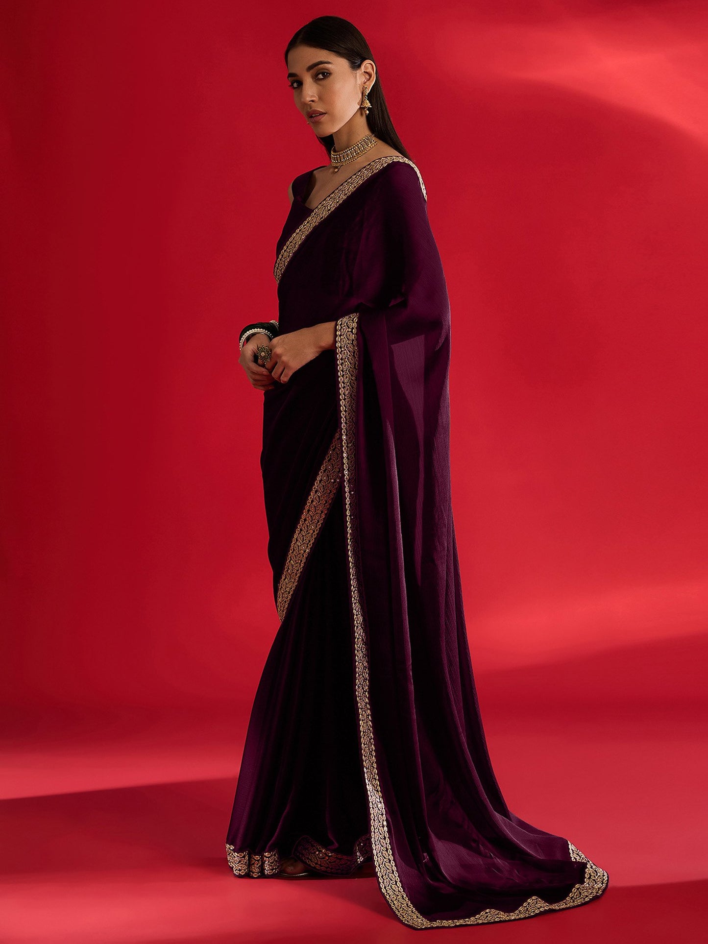 Magenta Party Wear Satin Embellished Saree