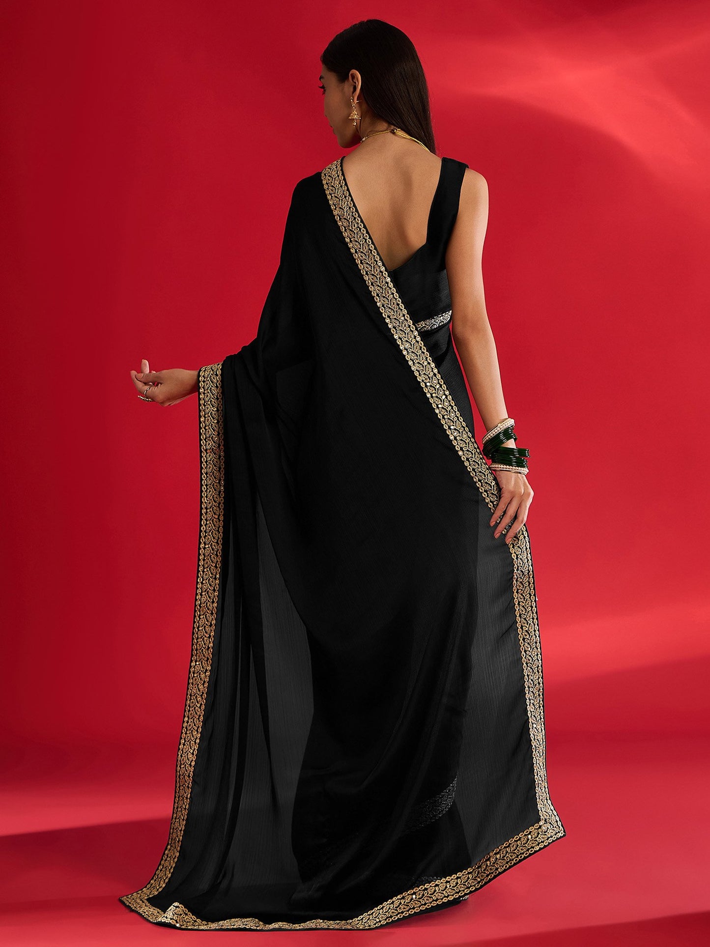 Black Party Wear Satin Embellished Saree
