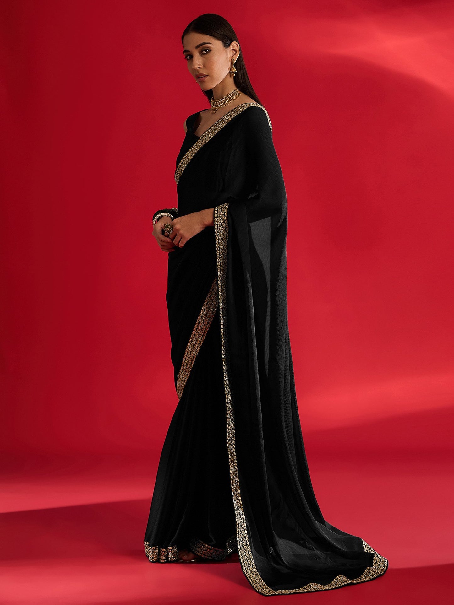 Black Party Wear Satin Embellished Saree