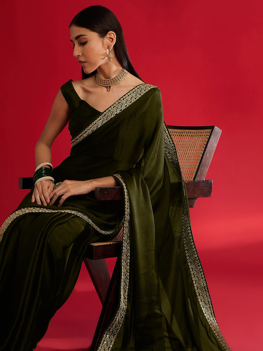 Green Olive Party Wear Satin Embellished Saree