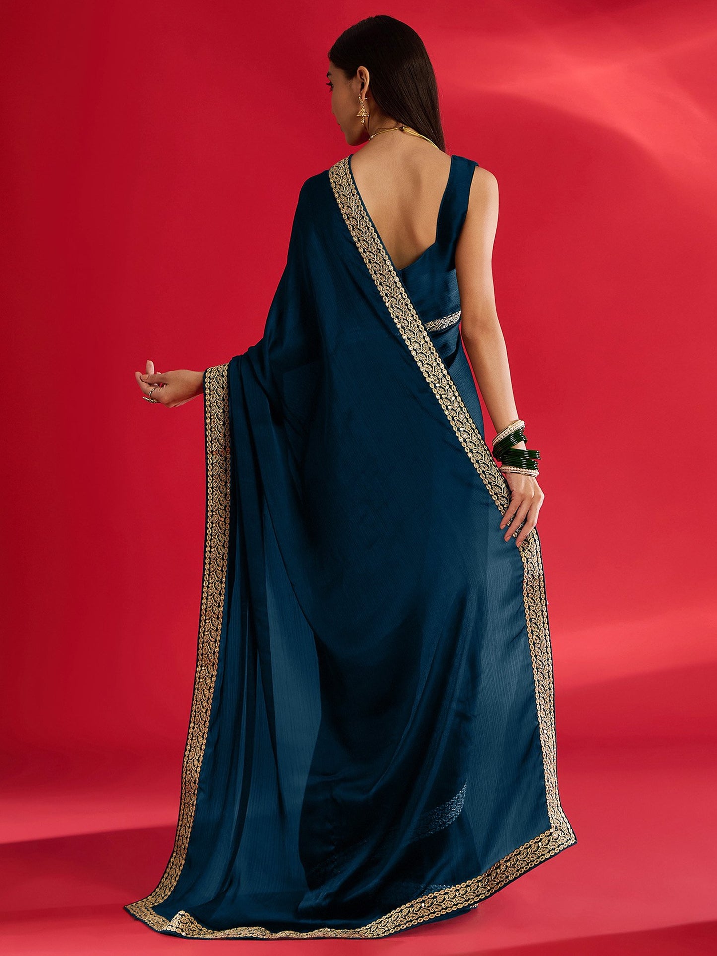 Teal Party Wear Satin Embellished Saree