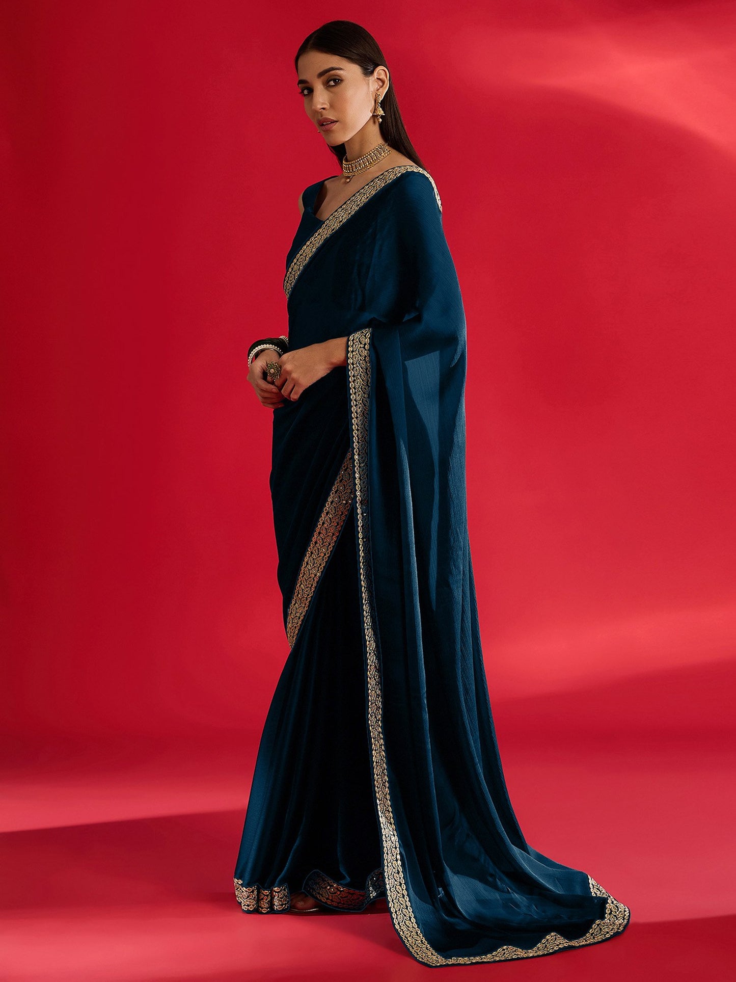 Teal Party Wear Satin Embellished Saree