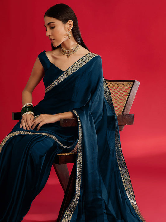 Blue Teal Party Wear Satin Embellished Saree