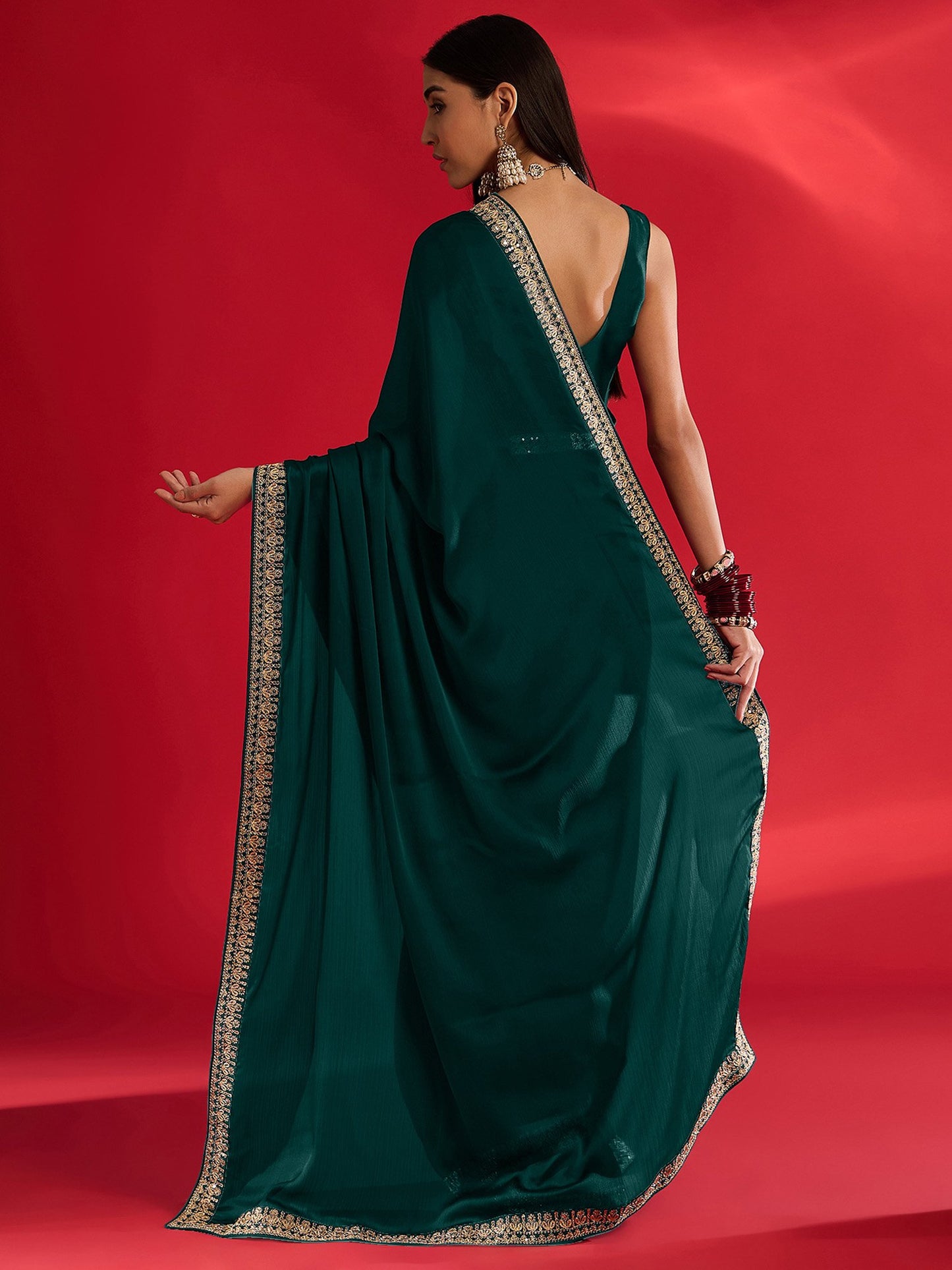 Teal Party Wear Satin Embellished Saree