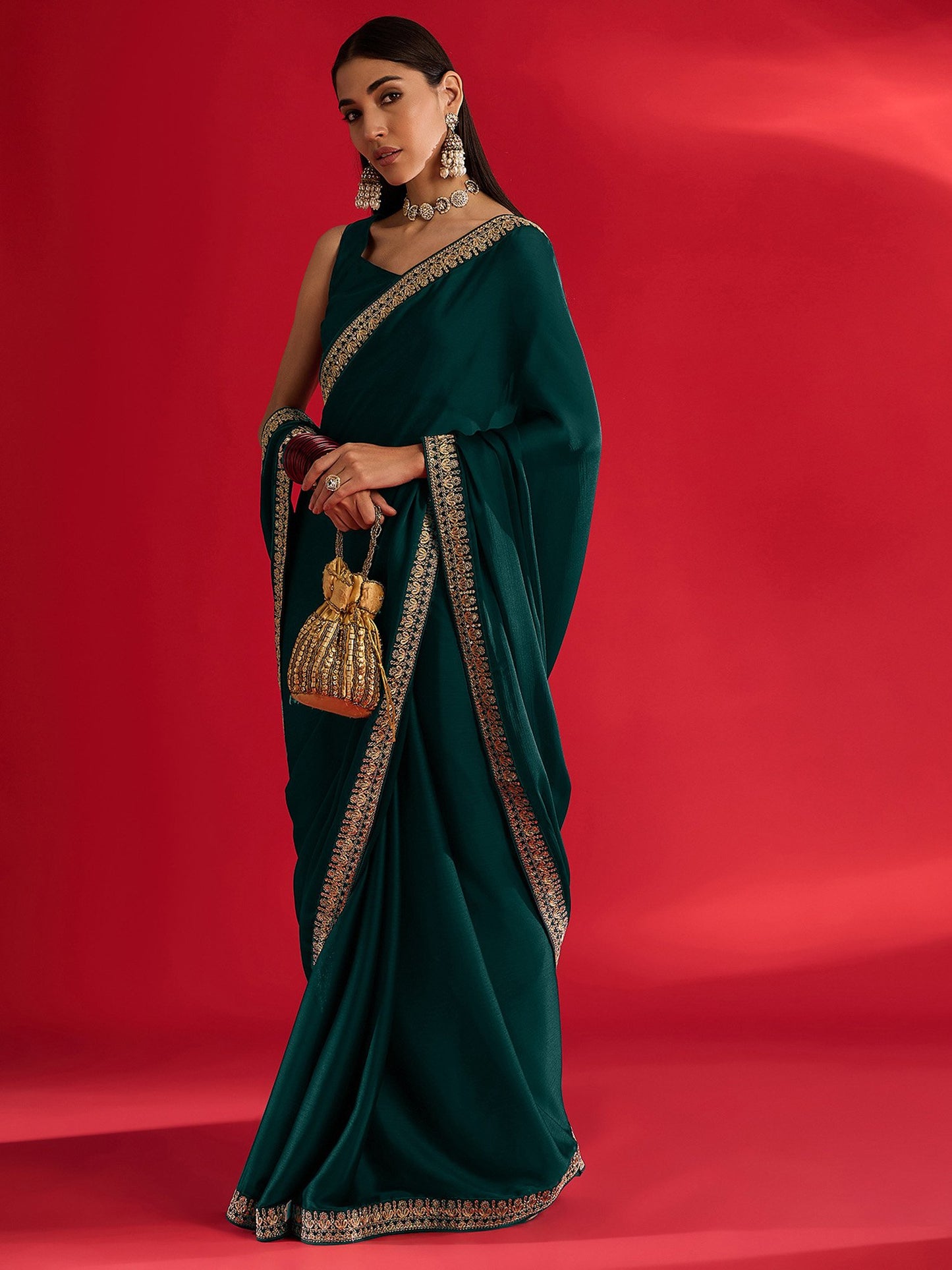 Teal Party Wear Satin Embellished Saree
