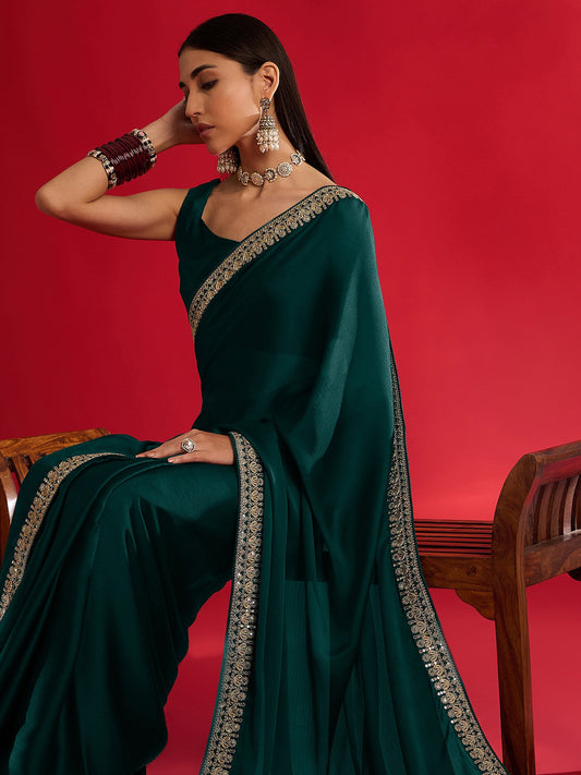Green Teal Party Wear Satin Embellished Saree