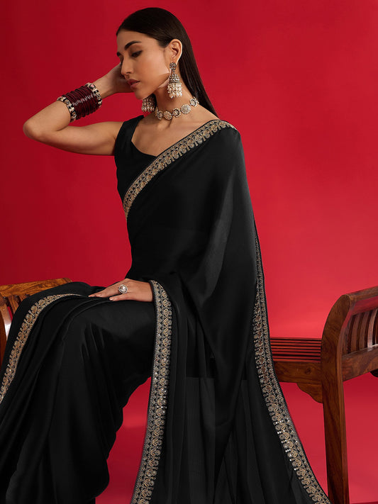 Black Black Party Wear Satin Embellished Saree