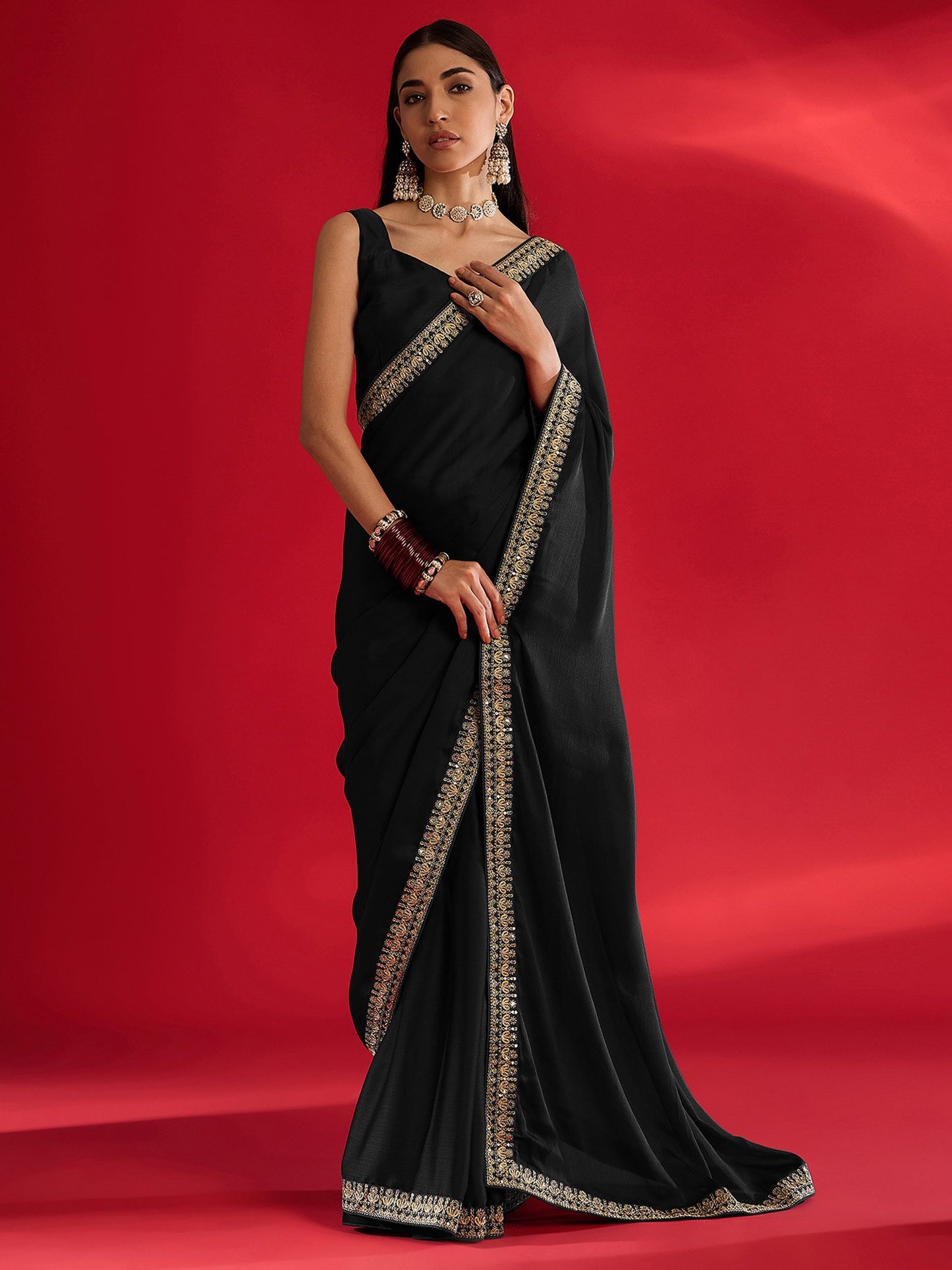 Black Party Wear Satin Embellished Saree