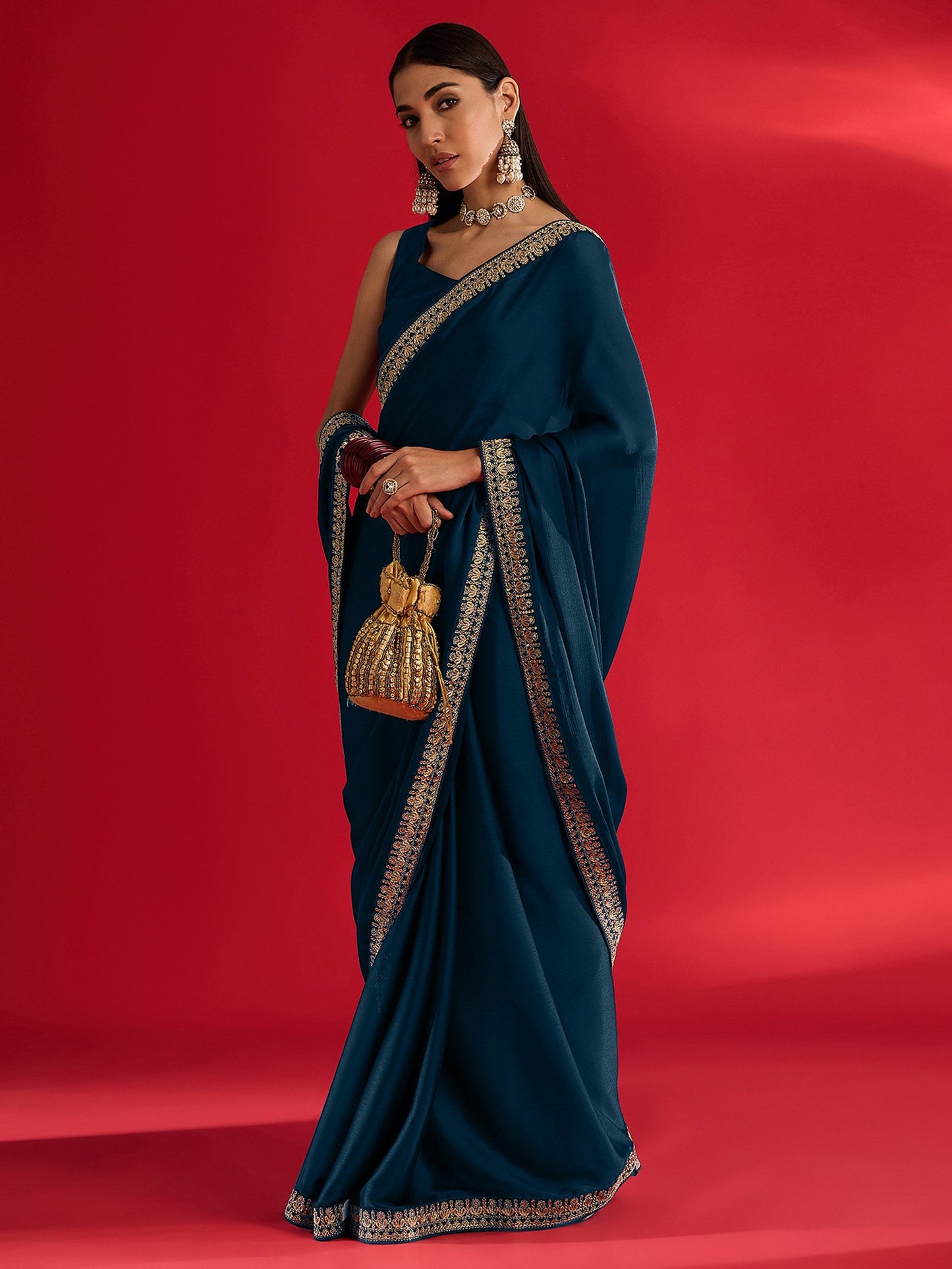 Teal Party Wear Satin Embellished Saree