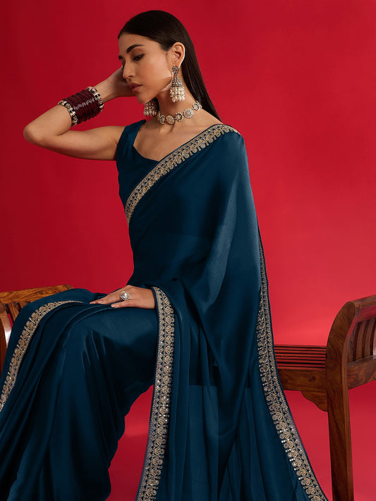 Blue Teal Party Wear Satin Embellished Saree
