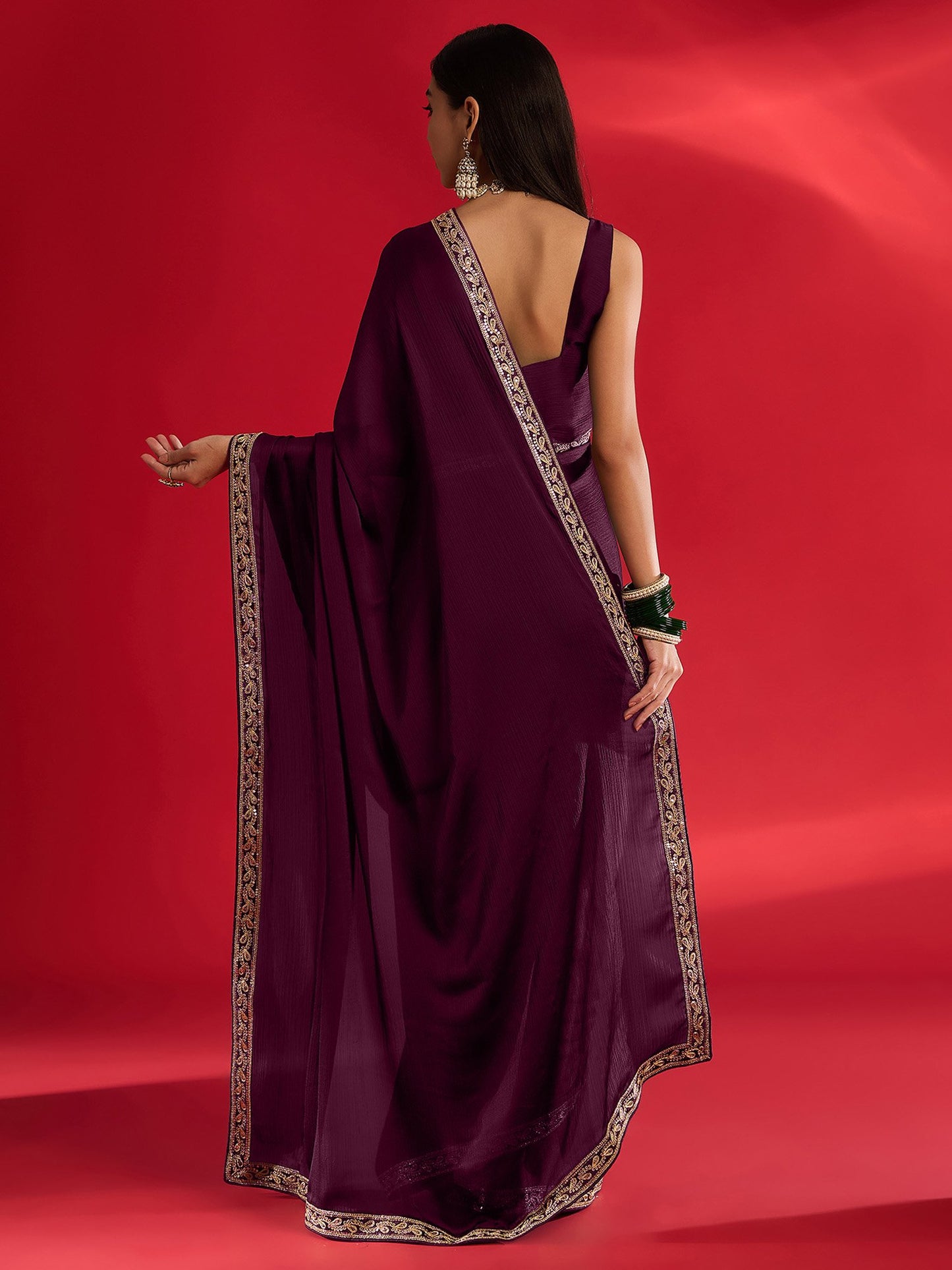 Magenta Party Wear Satin Embellished Saree