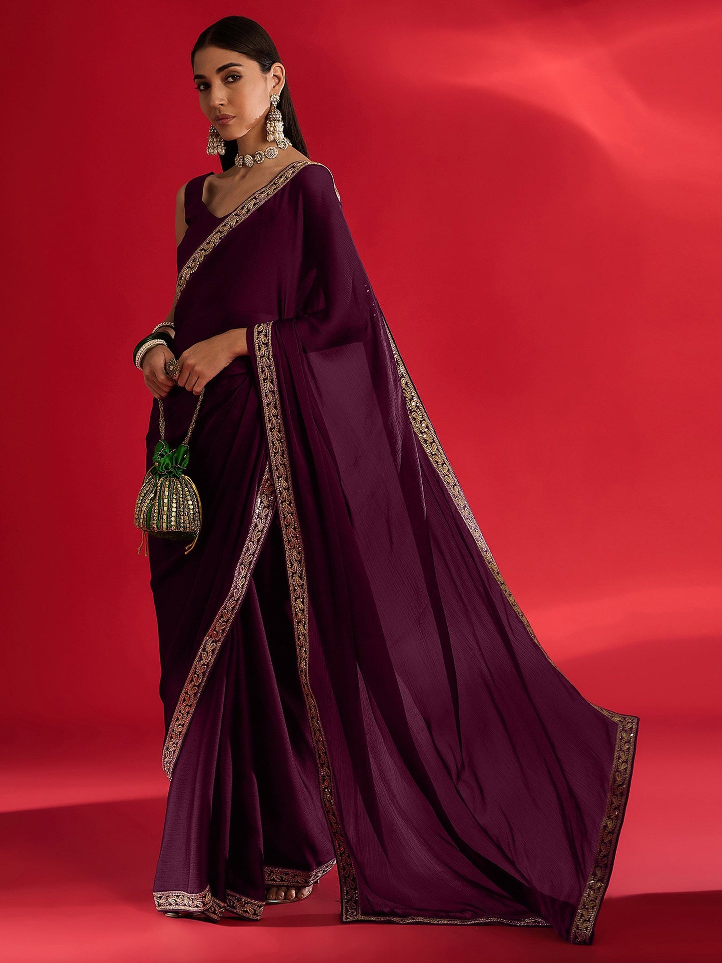 Magenta Party Wear Satin Embellished Saree
