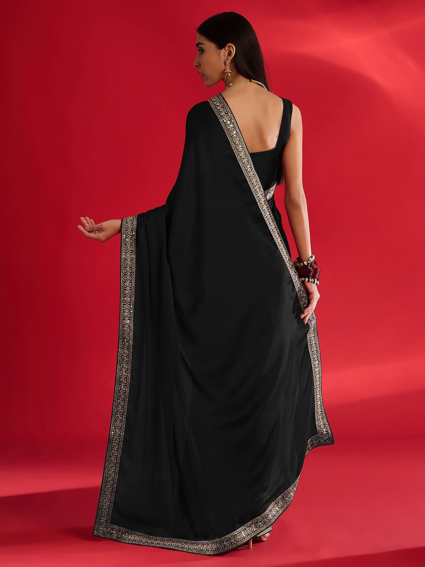 Black Party Wear Satin Embellished Saree