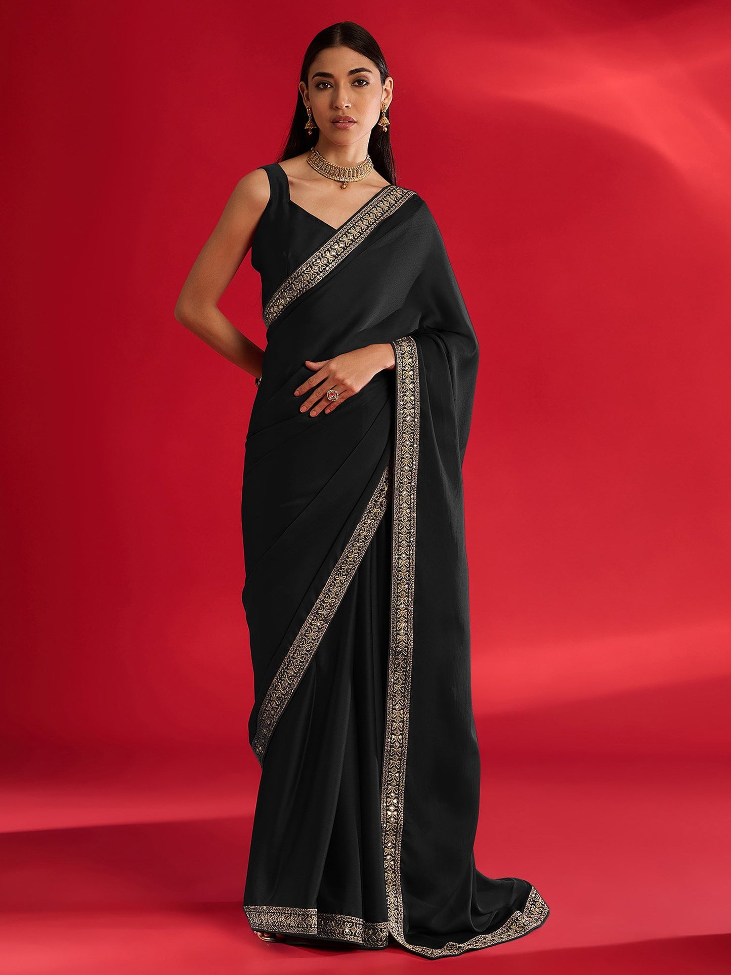 Black Party Wear Satin Embellished Saree