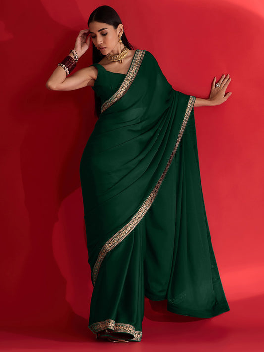 Green Green Party Wear Satin Embellished Saree