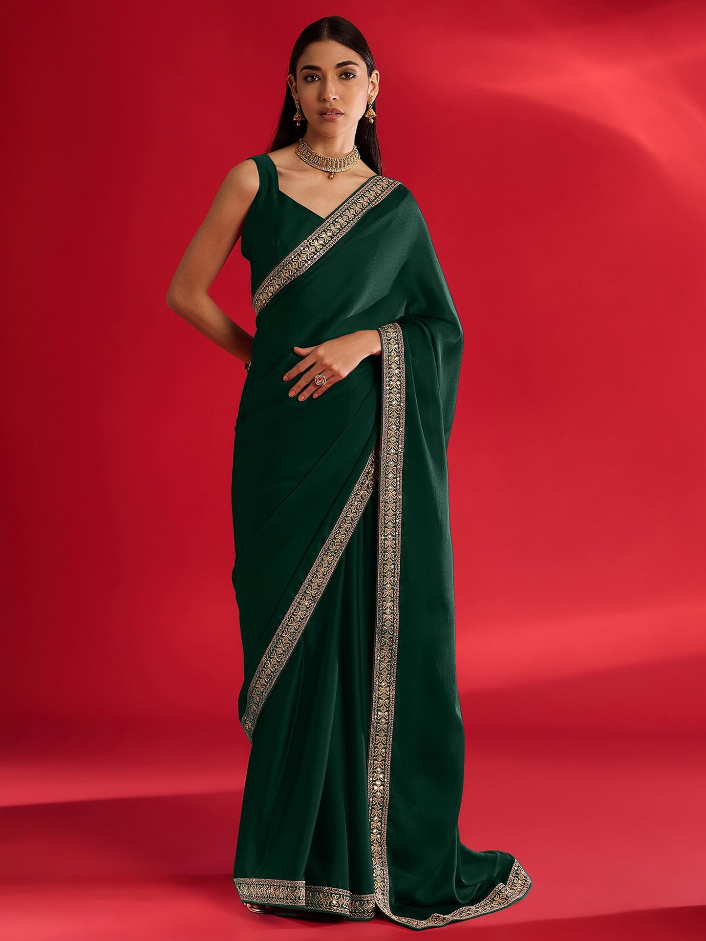 Green Party Wear Satin Embellished Saree