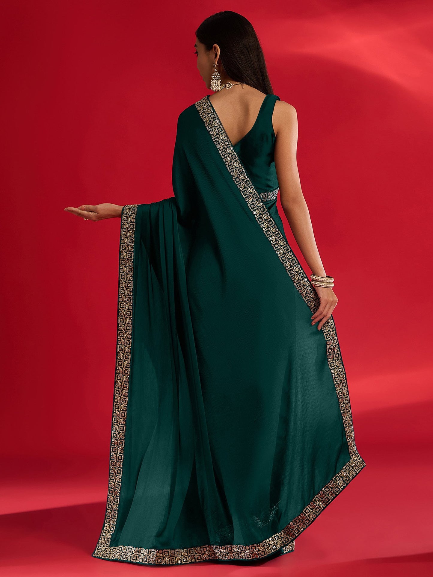Teal Party Wear Satin Embellished Saree