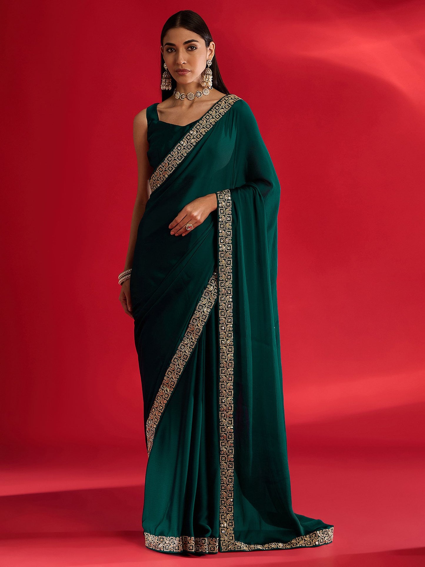 Teal Party Wear Satin Embellished Saree