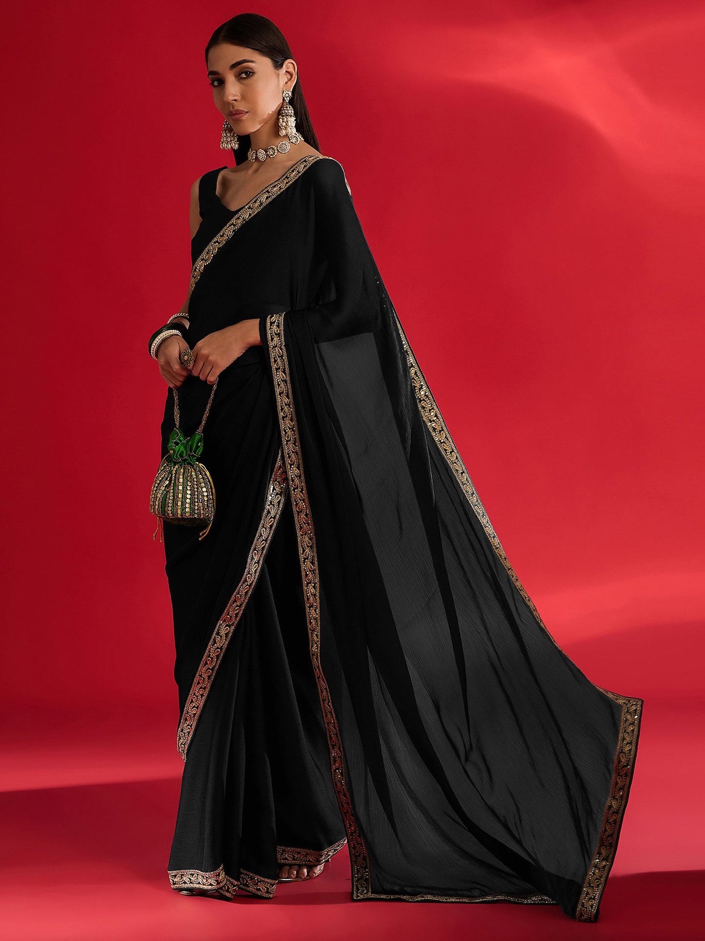Black Party Wear Satin Embellished Saree