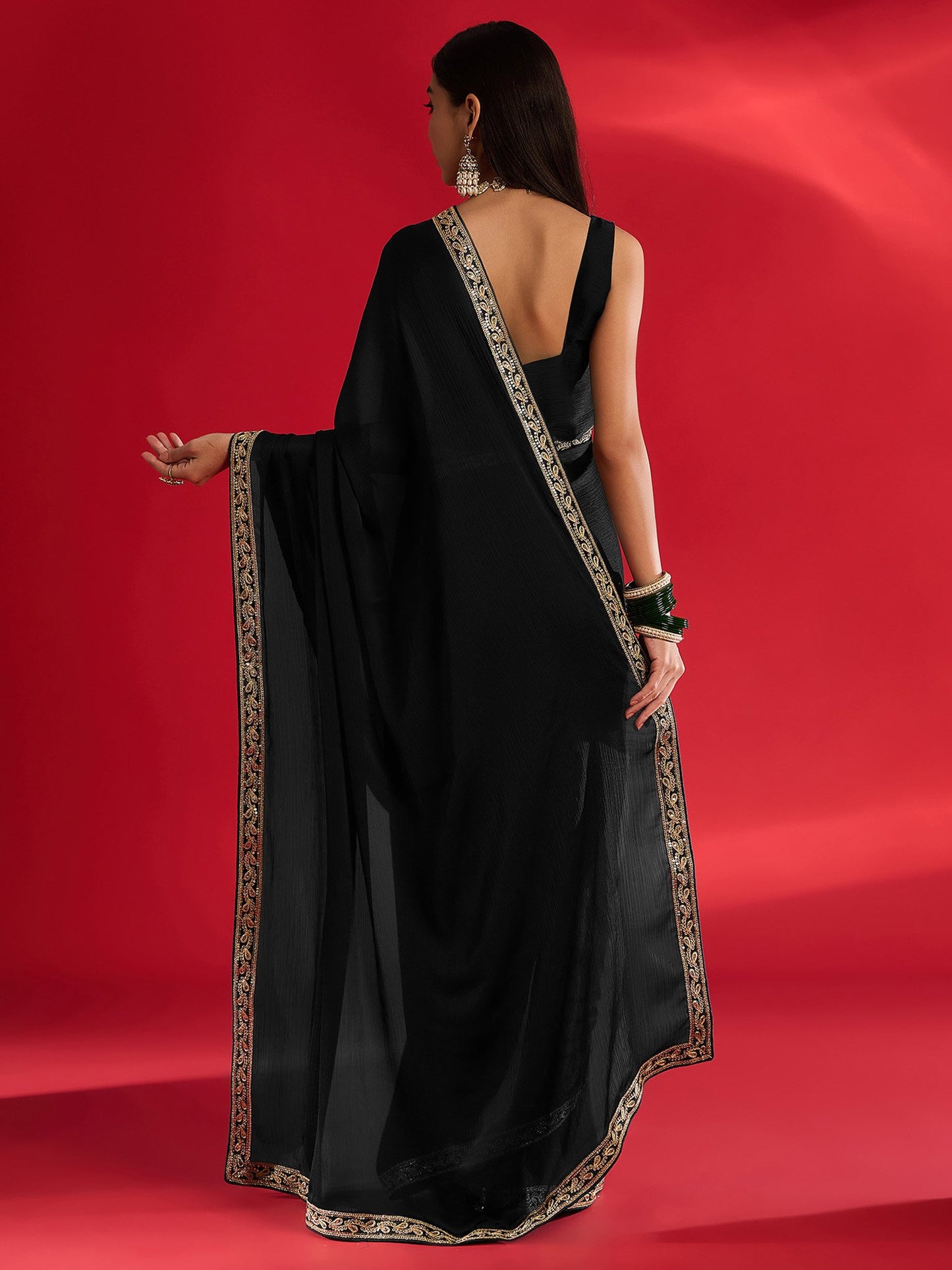 Black Party Wear Satin Embellished Saree