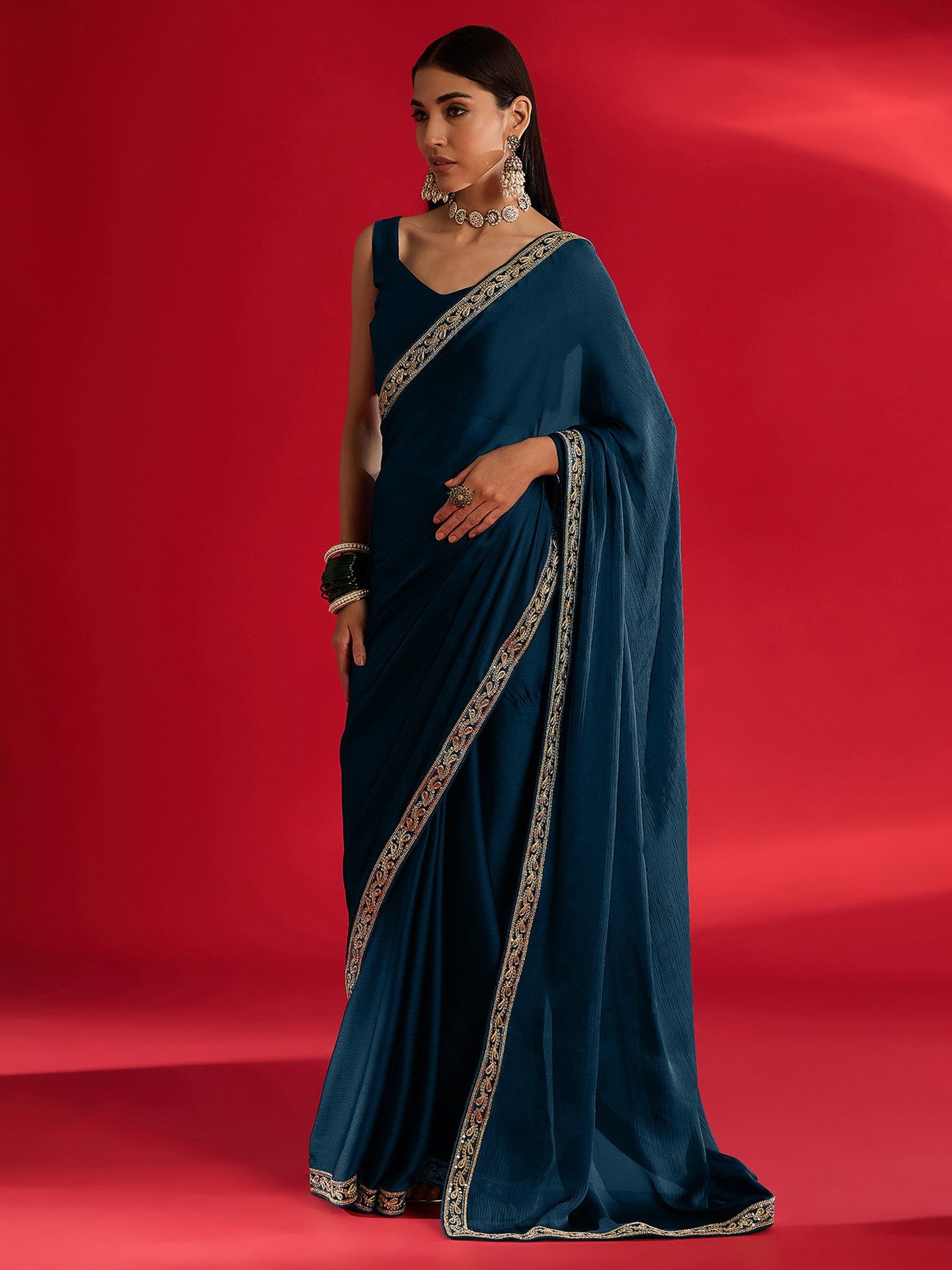 Teal Party Wear Satin Embellished Saree