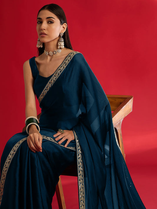 Blue Teal Party Wear Satin Embellished Saree