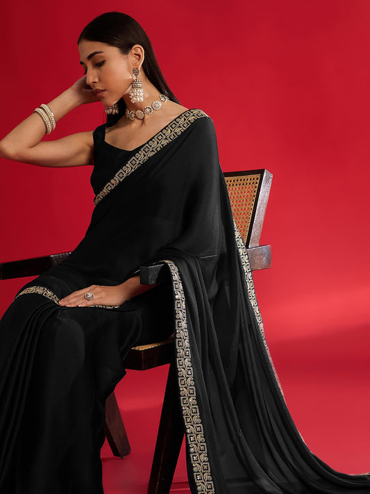 Black Black Party Wear Satin Embellished Saree