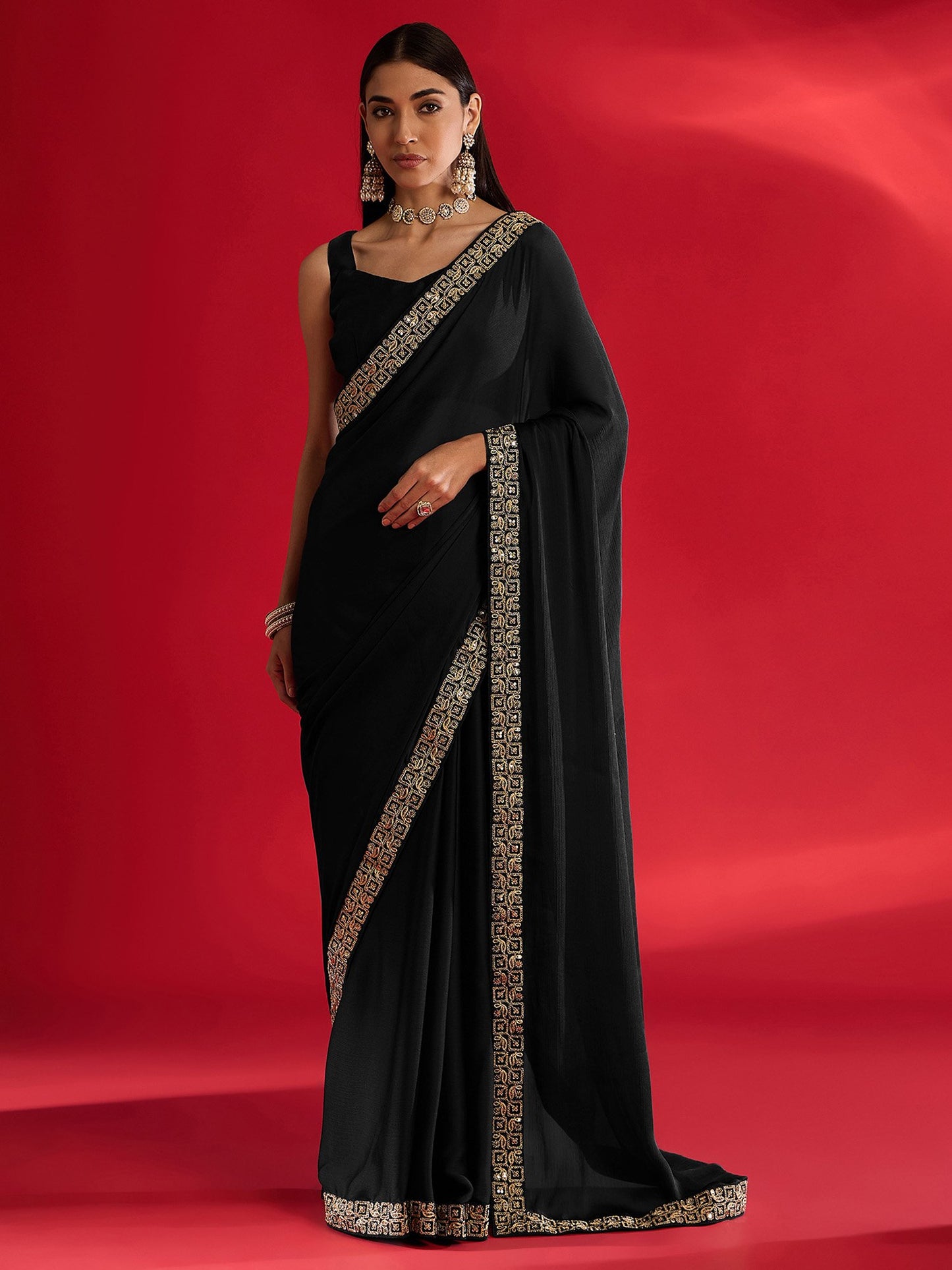 Black Party Wear Satin Embellished Saree