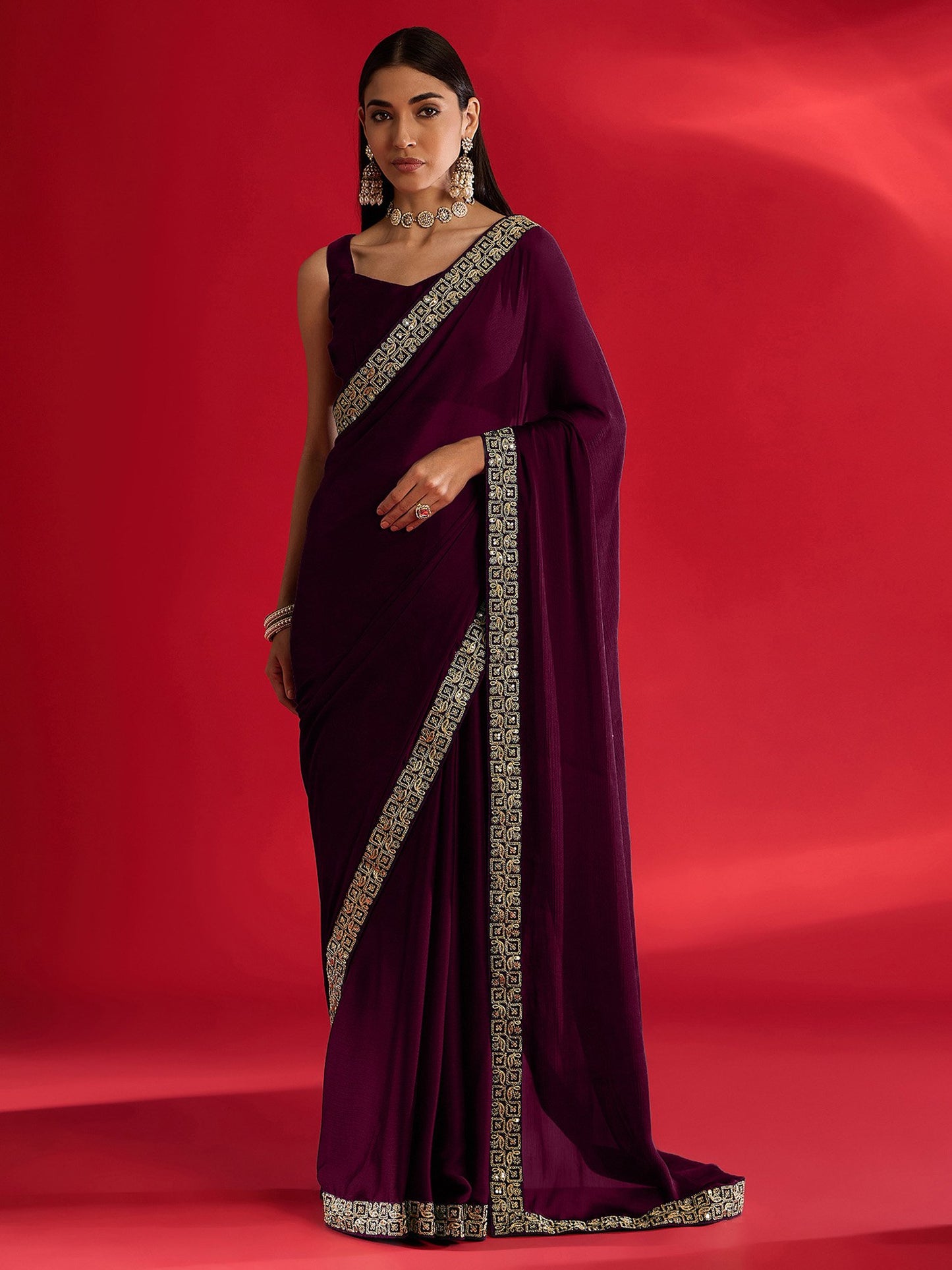 Magenta Party Wear Satin Embellished Saree