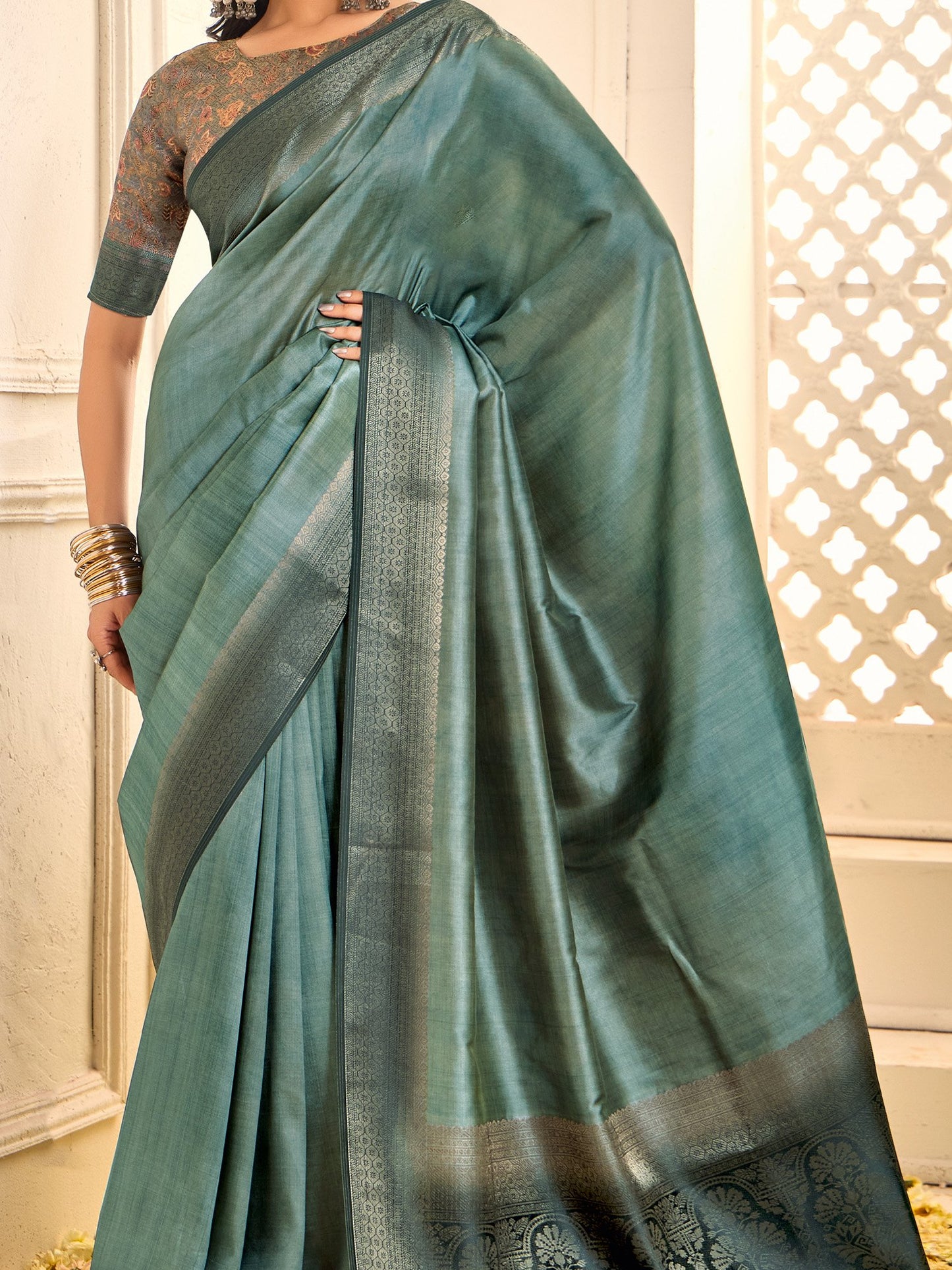 Sea Jamdani Tussar Silk Woven Saree