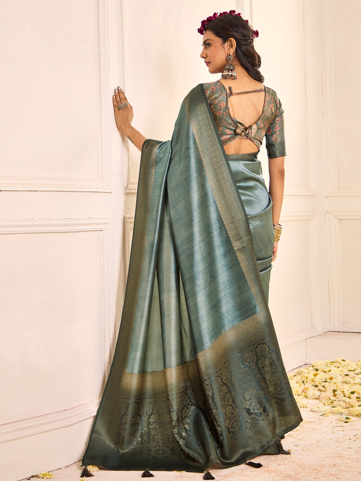 Sea Jamdani Tussar Silk Woven Saree