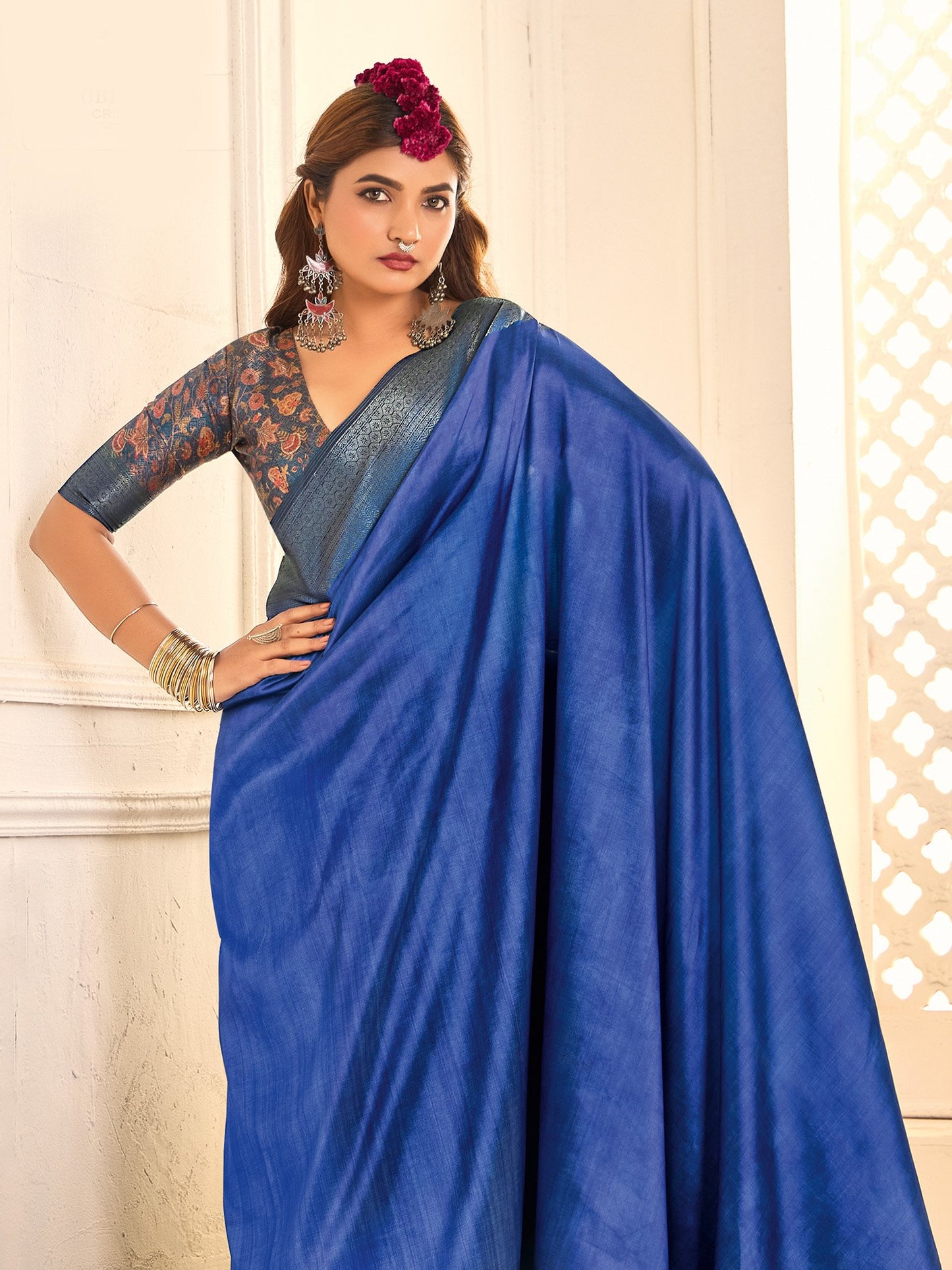 Blue Jamdani Tussar Silk Woven Saree