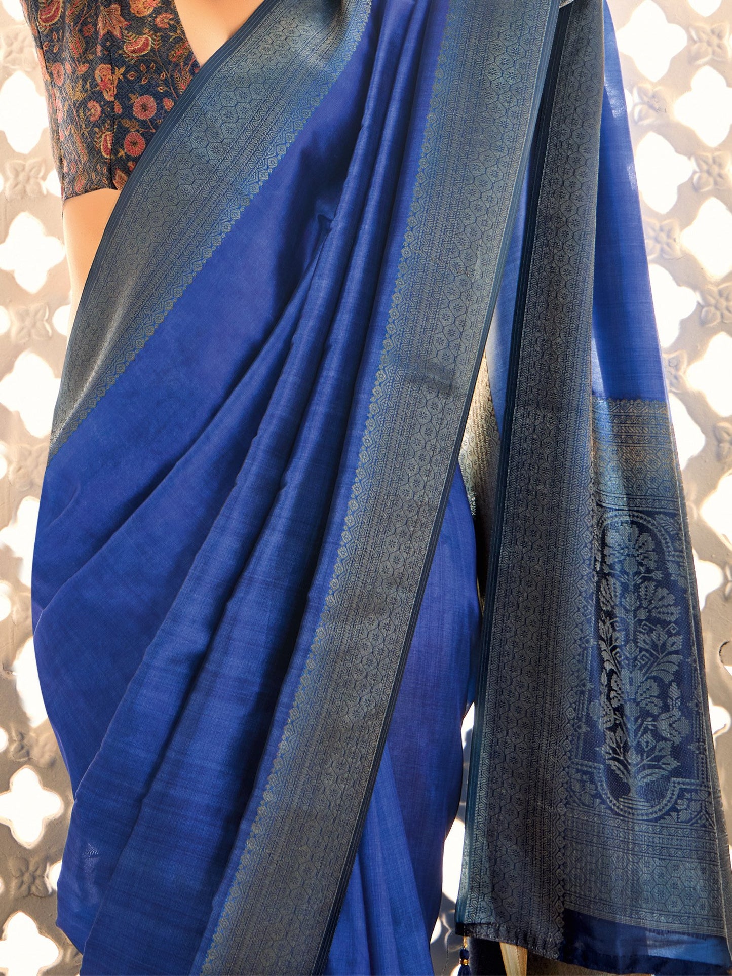 Blue Jamdani Tussar Silk Woven Saree