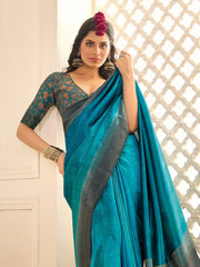 Blue Jamdani Tussar Silk Woven Saree - The Dori Store