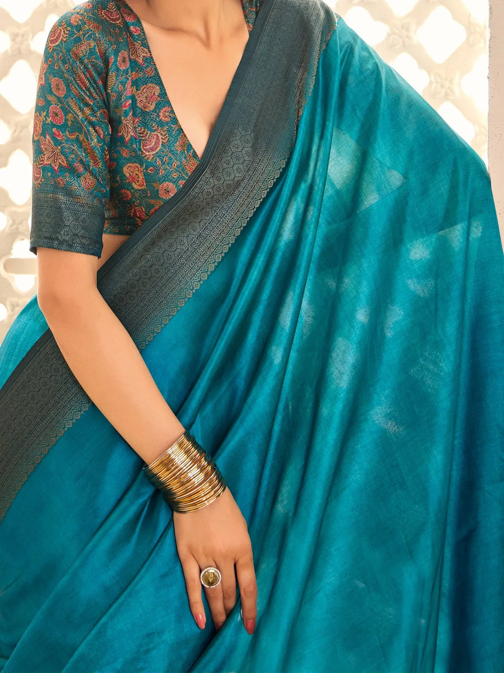 Blue Jamdani Tussar Silk Woven Saree - The Dori Store
