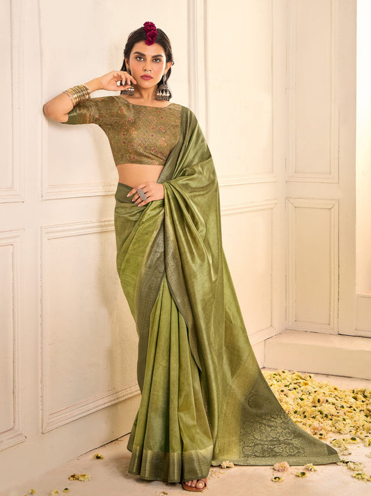 Green Light Jamdani Tussar Silk Woven Saree