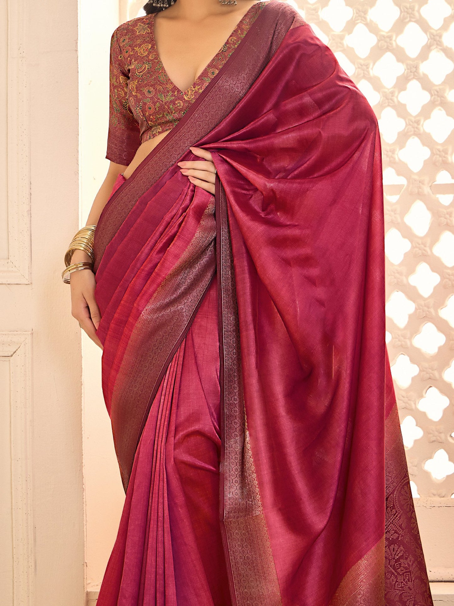 Burgundy Jamdani Tussar Silk Woven Saree