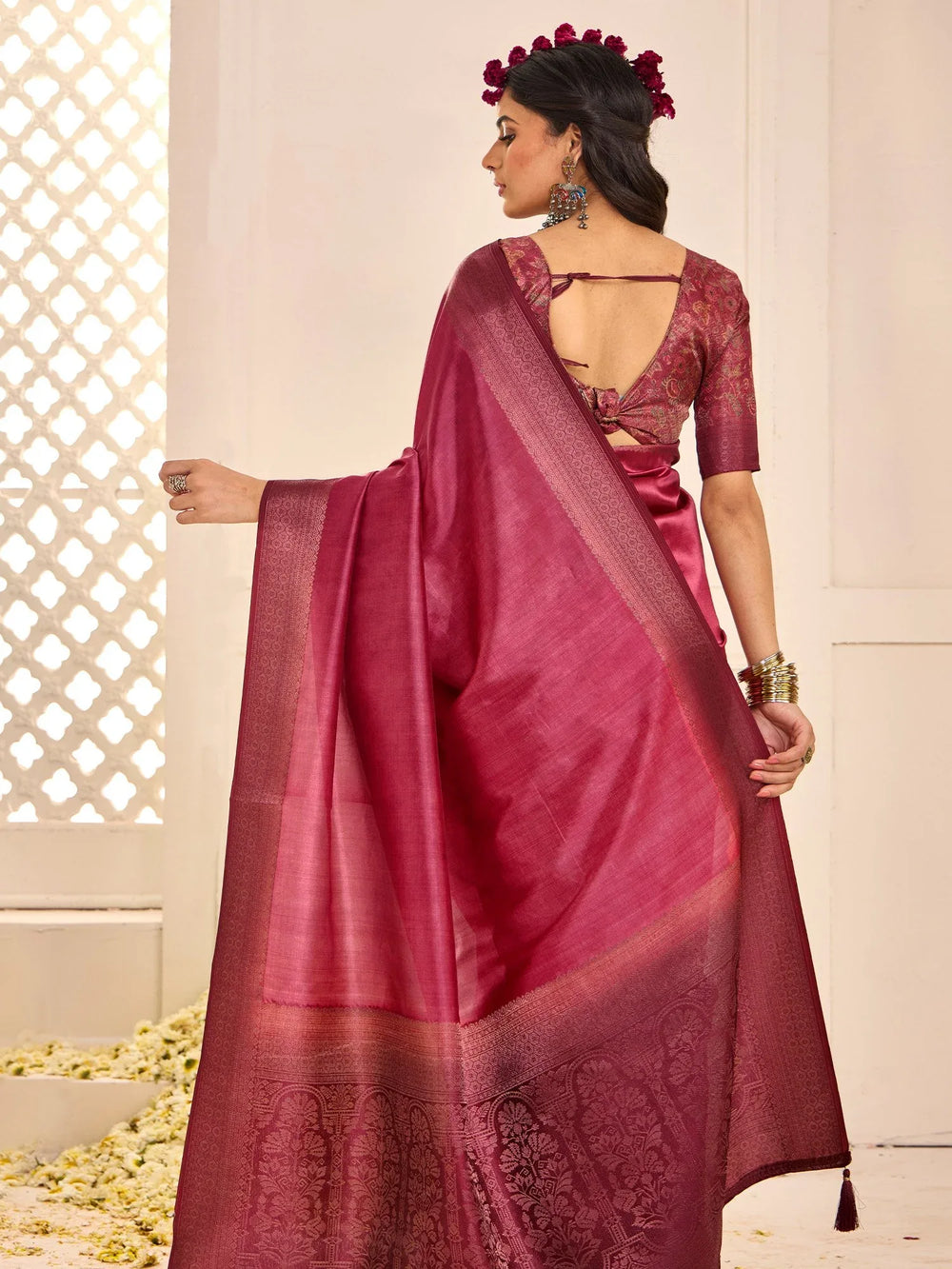 Burgundy Jamdani Tussar Silk Woven Saree - The Dori Store