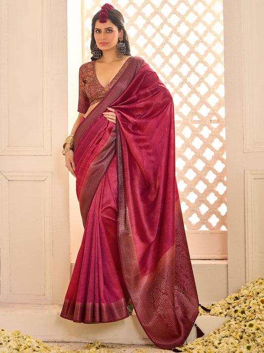 Pink Burgundy Jamdani Tussar Silk Woven Saree