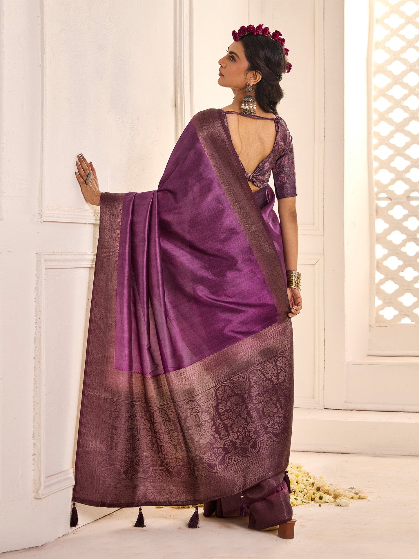 Purple Jamdani Tussar Silk Woven Saree