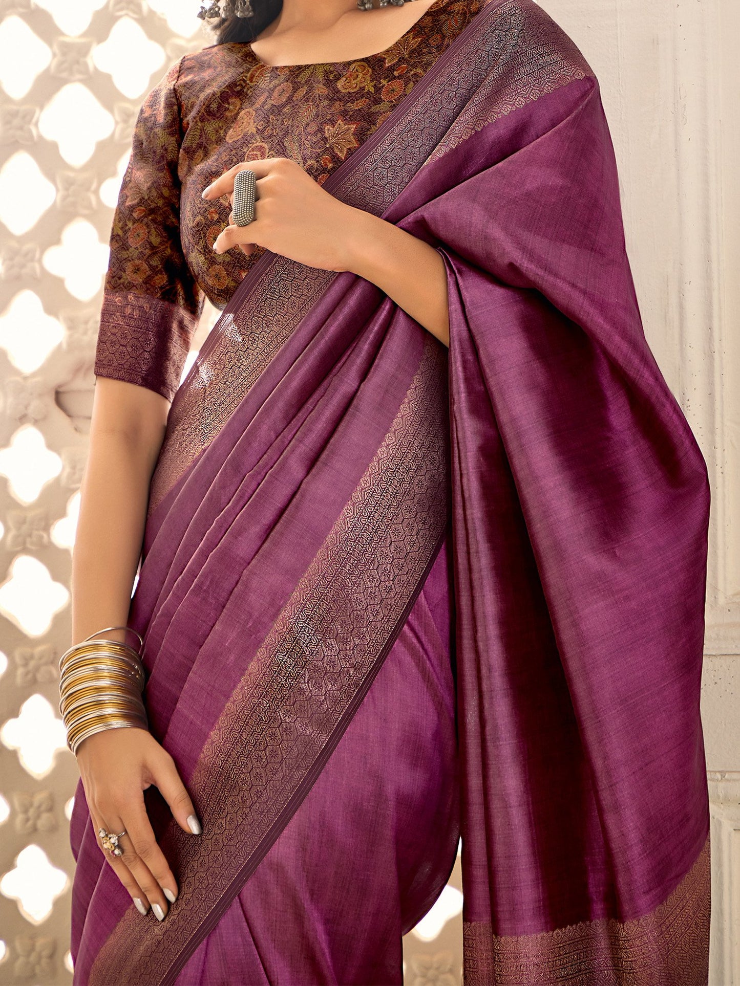 Purple Jamdani Tussar Silk Woven Saree