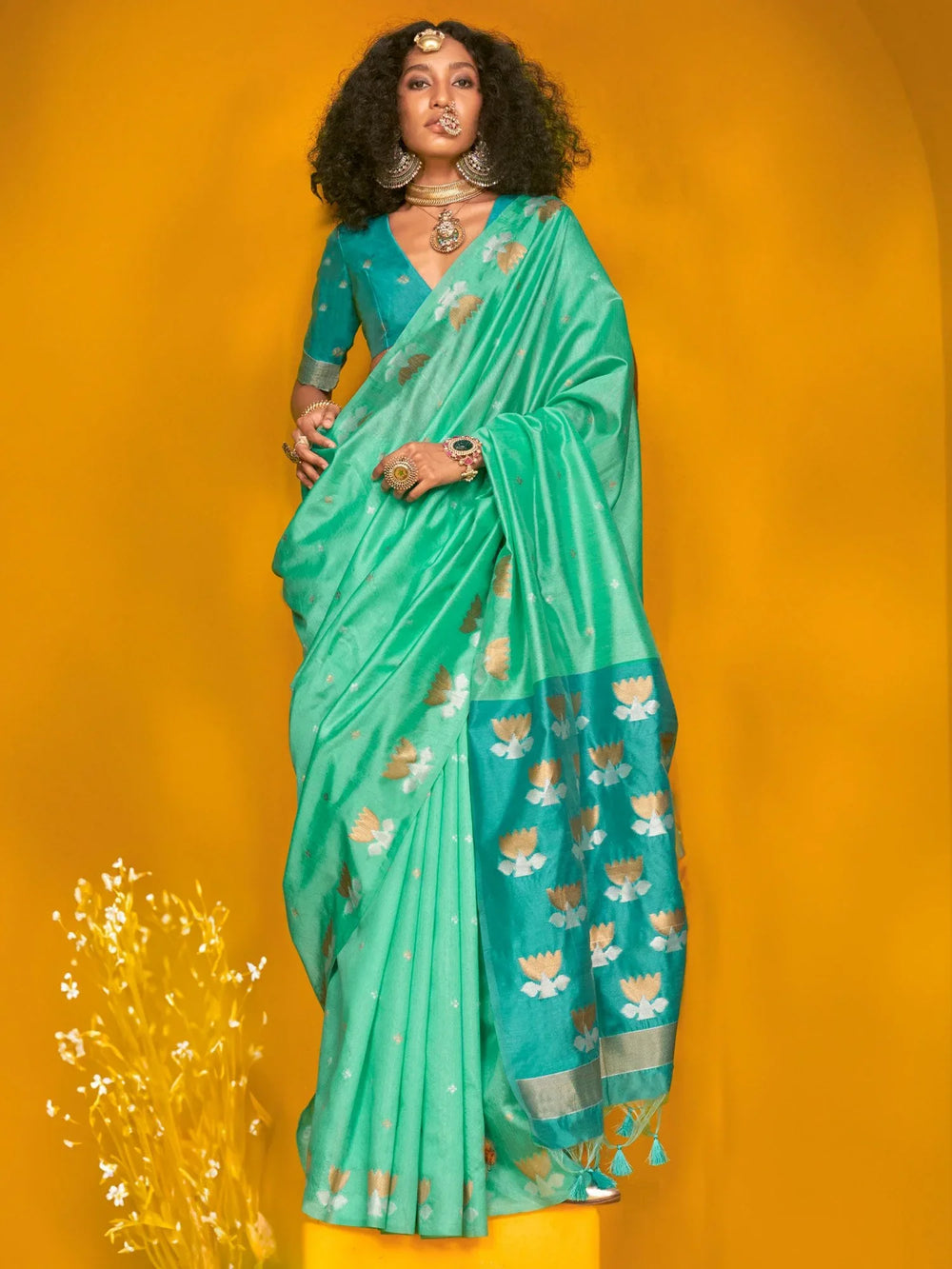 Turquoise Jamdani Tussar Silk Woven Saree - The Dori Store