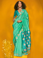 Turquoise Jamdani Tussar Silk Woven Saree - The Dori Store