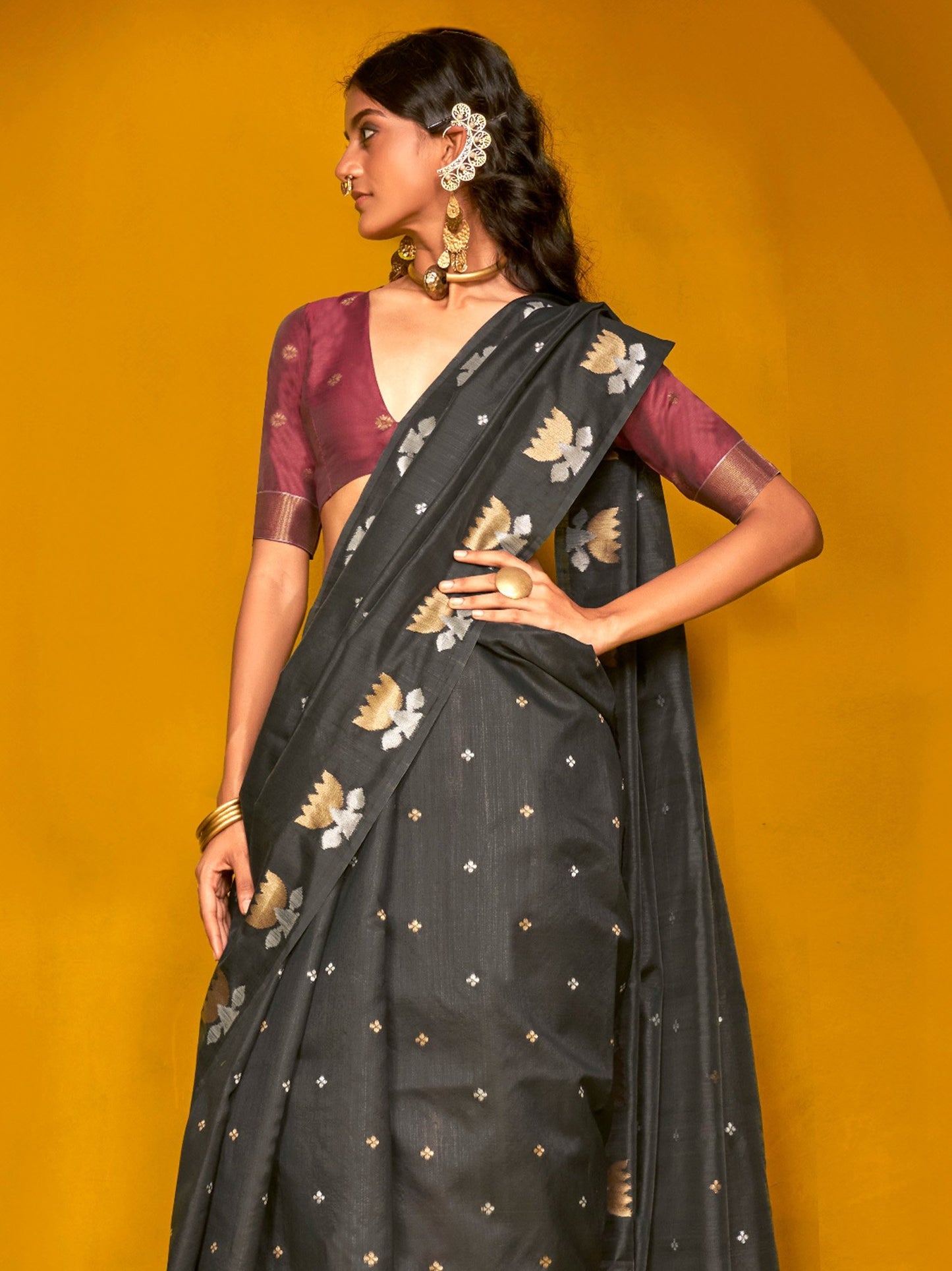 Black Jamdani Tussar Silk Woven Saree