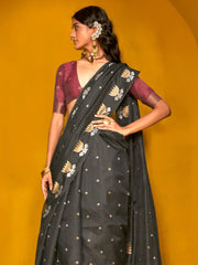 Black Jamdani Tussar Silk Woven Saree - The Dori Store