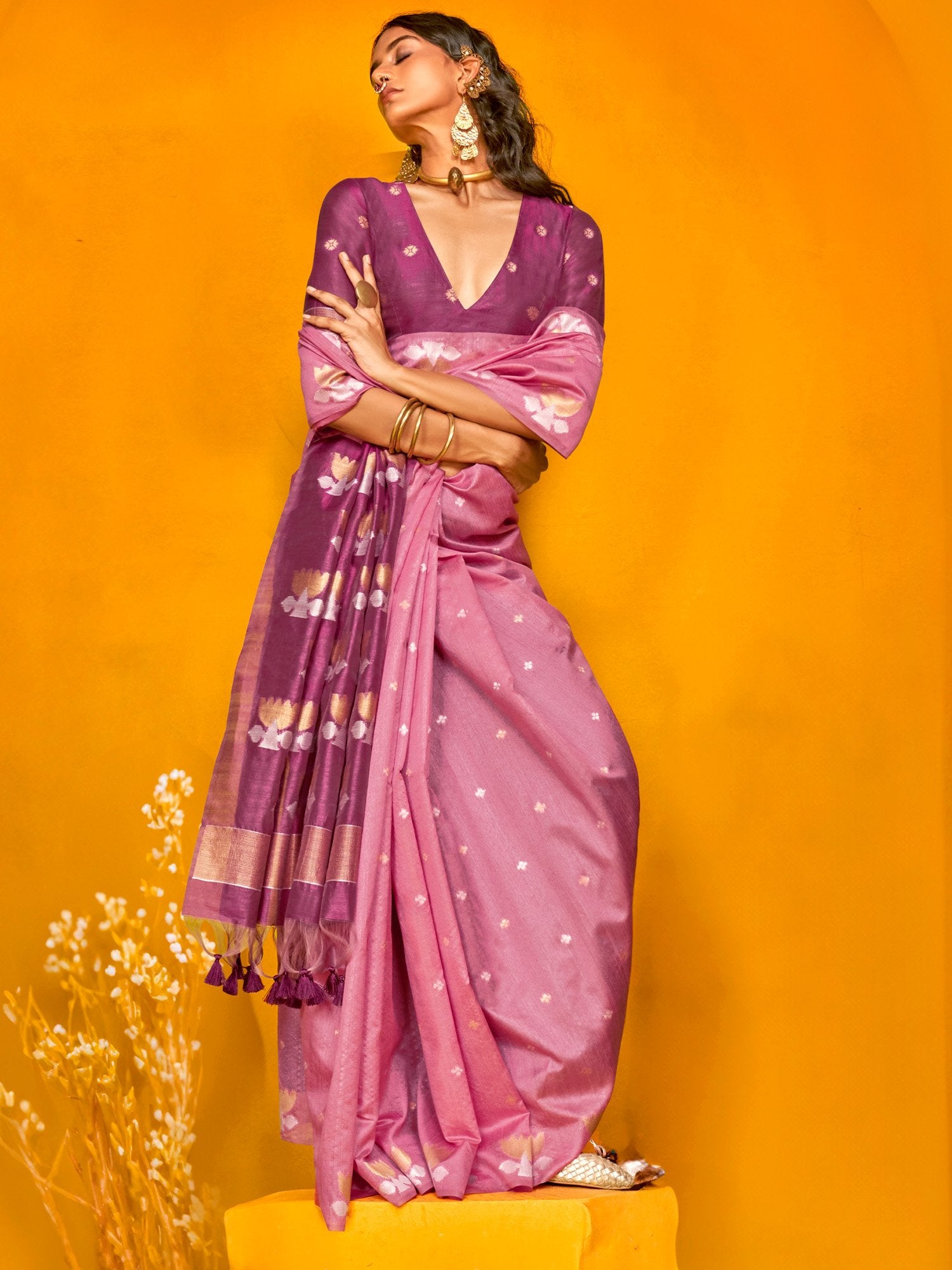 Purple Mauve Jamdani Tussar Silk Woven Saree